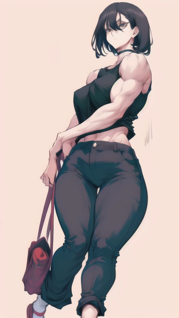 Full body image of a female version of Toji Fushiguro from Jujutsu Kaisen, full body in image, wearing his original outfit (black sleeveless shirt and pants), short dark hair, female body, muscular and tall body, dynamic pose, detailed pose, simple background, expressive face showing intensity, focus on face, line art, sketch