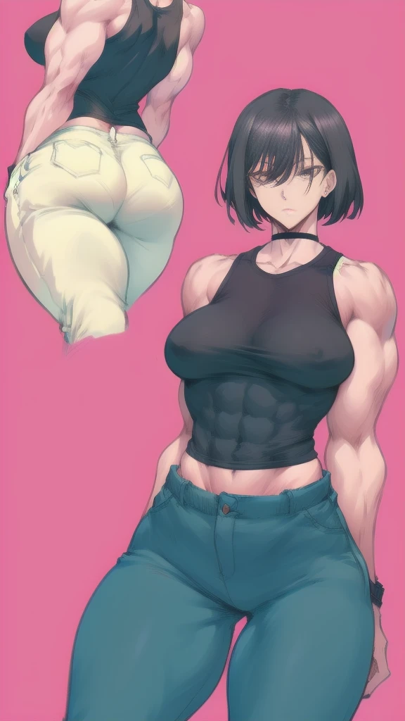Full body image of a female version of Toji Fushiguro from Jujutsu Kaisen, full body in image, wearing his original outfit (black sleeveless shirt and pants), short dark hair, female body, muscular and tall body, dynamic pose, detailed pose, simple background, expressive face showing intensity, focus on face, line art, sketch