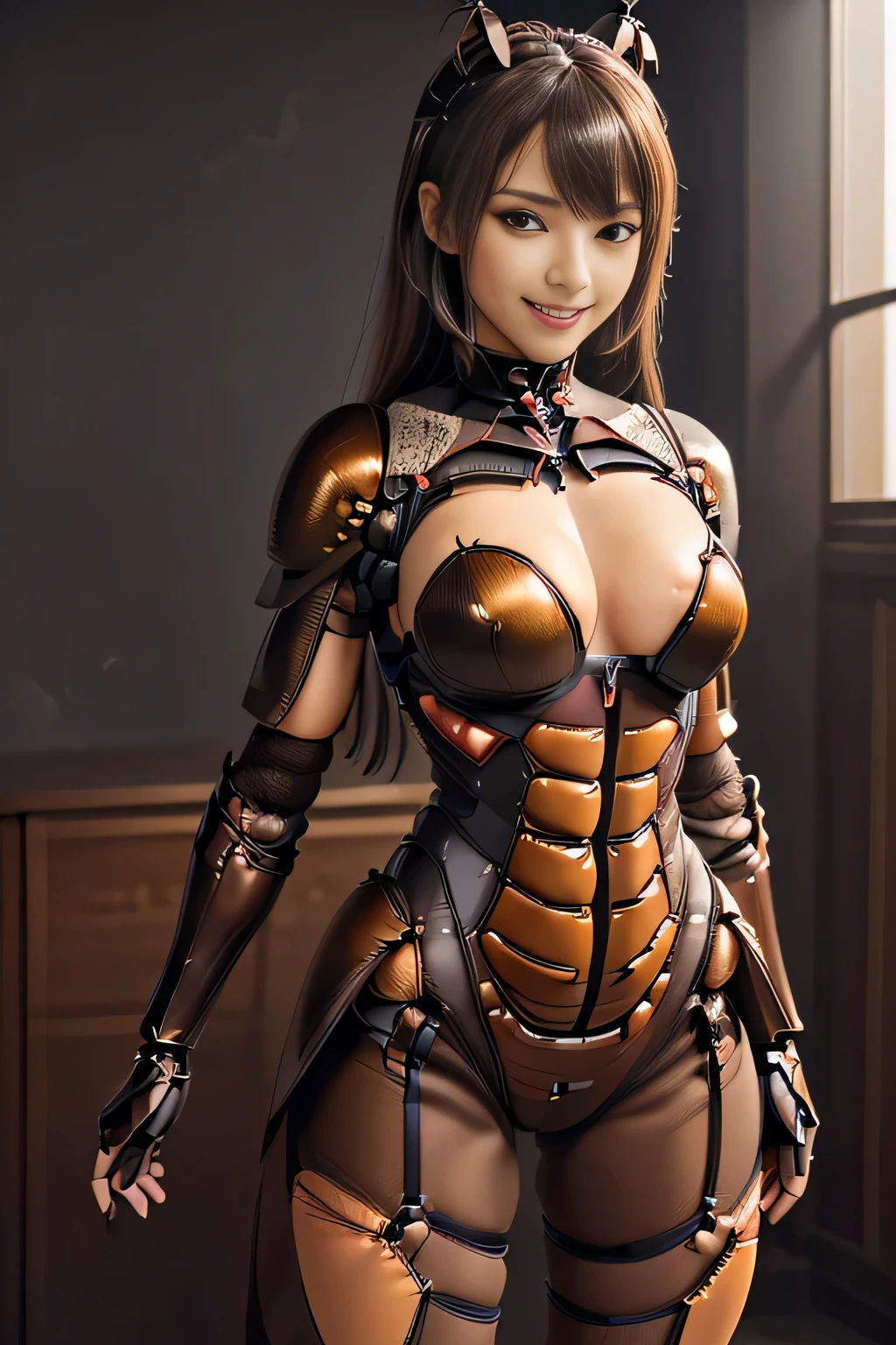 (high resolution,masterpiece,best quality,extremely detailed CG, anime, official art:1.4), realistic, photo, amazing fine details, all intricate, gloss and shiny,awesome many layers, 8k wall paper, 3d, sketch, kawaii, illustration,( solo:1.4), perfect female proportion,villainess, (fusion of dark brown cockroach and lady:1.4), (brown cockroach form lady:1.2), (brown cockroach lady:1.2), (fusion:1.2), (solo:1.4), (evil smile:1.2), muscular, abs, (cockroach brown exoskeleton bio insect suit:1.4), (cockroach brown exoskeleton bio insect armor:1.2), (brown transparency cockroach wing:1.4), (brown cockroach antennae:1.3),