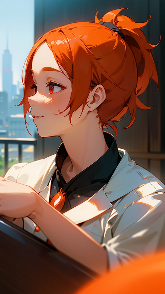 1girl、Orange Hair、ponytail、Round red eyes、short hair、smile、profile、Face close-up、Morning Cafe Terrace、Background blur, Written boundary depth
