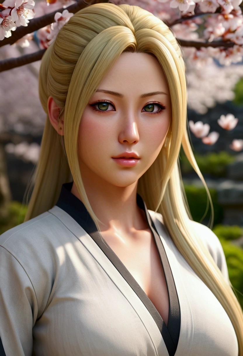 Madura tsunade senju, large breasts, slim legs, blonde hair, [beautiful detailed eyes, beautiful detailed lips, extremely detailed eyes and face, long eyelashes], [illustration, oil painting, 3D rendering, photography] medium, (best quality, 4k, 8k, highres, masterpiece:1.2), ultra-detailed, (realistic, photorealistic, photo-realistic:1.37), HDR, UHD, studio lighting, ultra-fine painting, sharp focus, physically-based rendering, extreme detail description, professional, vivid colors, bokeh, portraits, landscape, [motherly, caring, protective] expression, [Japanese-style garden, cherry blossoms in bloom] background, [soft, warm color tones], soft lighting.