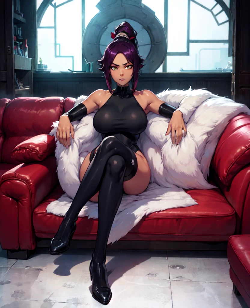 1girl, sofa, sitting, legs crossed, bodysuit, black bodysuit, bare arms, bare shoulders, (large breasts:1.2), yoruichi shihouin, dark skin, dark-skinned female, ponytail, purple hair, yellow eyes, (black leotard:1.4), thighhighs, full body, ((Leg Crossing ))