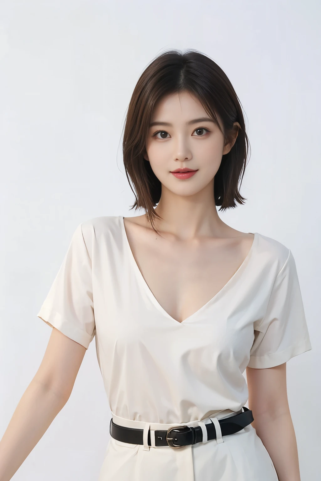 (masterpiece, best quality,:1.2), 2 girls, (solitary:1.3), Upper Body, Gray shirt, Short sleeve, , V-neck,Large Breasts,Cleavage,Smile,(fatal, Practical, real life, exception, Best aesthetics, new, newest, best quality, masterpiece:1.2), Soft_Light, Soft_skin_Tone, Miss_hair, (White background, Simple background,:1.2), belt,Half-length photo HD