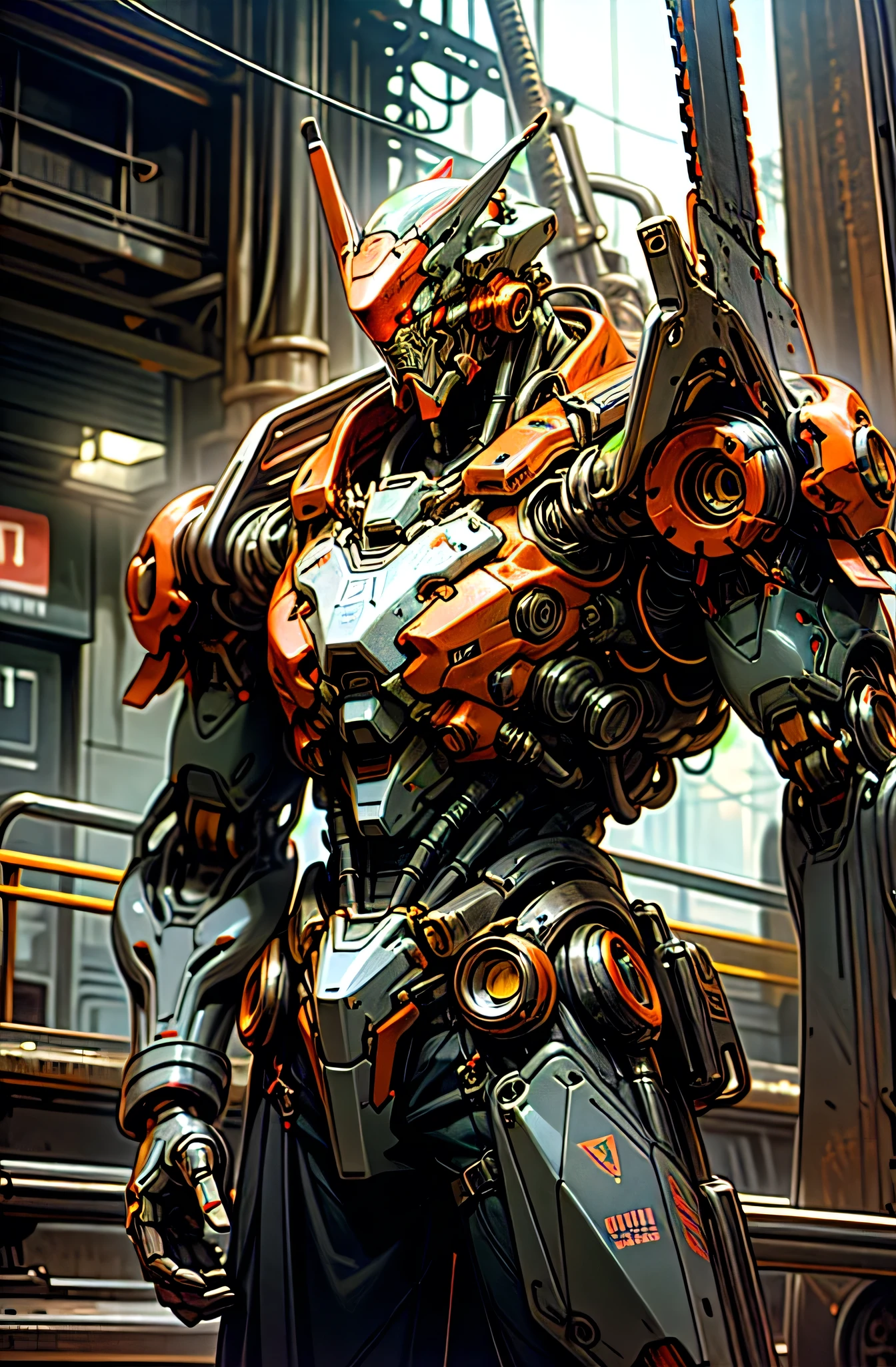 Dark_Fantasy,Cyberpunk,(chain saw,chain saw man,Red:1.1),1man,Mechanical marvel,Robotic presence,Cybernetic guardian, wearing a worn-out mech suit, intricate, (steel metal [rusty]), elegant, clear focus, shot by greg rutkowski, soft lighting, vibrant colors, masterpiece, ((street)), cowboy shot, dynamic pose,