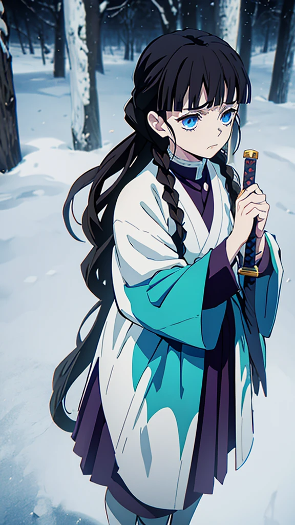 Kimetsu no Yaiba style, 1 mature, girl, blue eyes, a hashira, pretty, long dark brown hair in braids, curtain bangs, annoyed expression, noble, Pillar Demon Slayer, holding a sword, wearing demon slayer uniform, holding a blue demon slayer sword, dark and snowy background