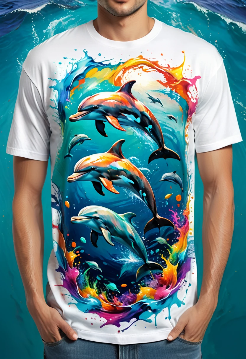 A t-shirt with a colorful illustration of dolphins in the middle of the sea, At the center, swirly vibrant colors, paint splashes and smears, ultra details, 32K Quality,Remove background
(work of art, best qualityer, proffesional, perfect composition, very aesthetic, absurdrez, super verbose, details Intricate:1.3)