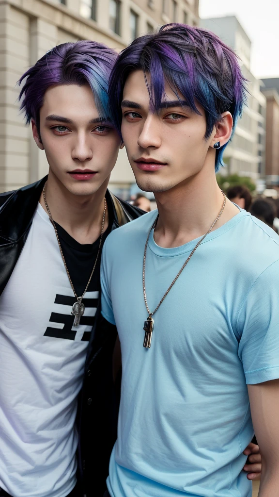​masterpiece, top-quality, 2Others, Male couple, 1 man and 1,, Adults, Height difference, different fashion, different color, finely eye and detailed face, intricate detailes, Casual clothing, Oversized shirt, Modern urban streets, A smile, Happiness, tenderness, queers, Boys Love, high-level image quality、 Two beautiful men、tall、The upper part of the body、nightfall、nighttime scene、𝓡𝓸𝓶𝓪𝓷𝓽𝓲𝓬、Korean Male, Idol Photos, k pop, Professional Photos, Vampires, Korean fashion in black and white, Fedoman with necklace, inspired by Sim Sa-jeong, androgynous vampire, :9 detailed face: 8, extra detailed face, detailed punk hair, ((eyes are brown)) baggy eyes, Seductive. Highly detailed, semi realistic anime, Vampires, hyperrealistic teen, delicate androgynous prince, imvu, short hair above the ears, Man with short hair, With a purple-haired man with a wild expression, Man with light blue hair with gentle expression, ((With a short-haired man with bright purple hair)), ((Man with light blue hair))