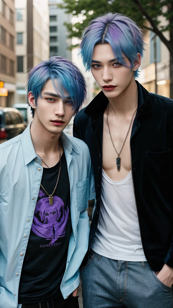 masterpiece, top-quality, 2Others, Male couple, 1 man and 1,, Adults, Height difference, different fashion, different color, finely eye and detailed face, intricate detailes, Casual clothing, Oversized shirt, Modern urban streets, A smile, Happiness, tenderness, queers, Boys Love, high-level image quality、 Two beautiful men、tall、The upper part of the body、nightfall、nighttime scene、𝓡𝓸𝓶𝓪𝓷𝓽𝓲𝓬、Korean Male, Idol Photos, k pop, Professional Photos, Vampires, Korean fashion in black and white, Fedoman with necklace, inspired by Sim Sa-jeong, androgynous vampire, :9 detailed face: 8, extra detailed face, detailed punk hair, ((eyes are brown)) baggy eyes, Seductive. Highly detailed, semi realistic anime, Vampires, hyperrealistic teen, delicate androgynous prince, imvu, short hair above the ears, Man with short hair, With a purple-haired man with a wild expression, Man with light blue hair with gentle expression, ((With a short-haired man with bright purple hair)), ((Man with light blue hair))