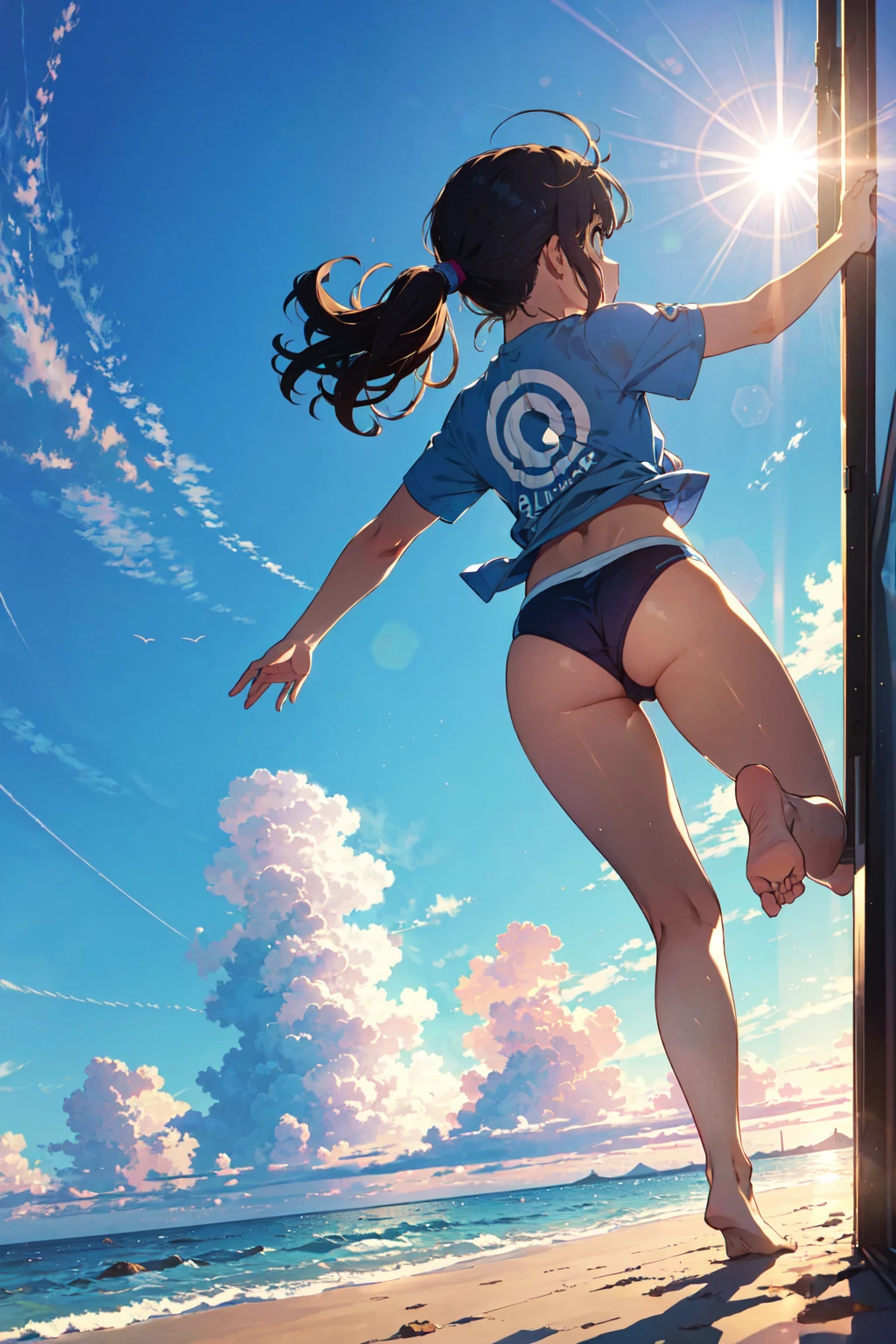 (Looking up at the blue sky:1.3), Ocean, Light of the sun, noon, Angle looking up from below, (Girl wearing a T-shirt over a bikini:1.1), (big lauth:1.3), (detailed eye:1.3), (Back view:1.3), ponytail, Spread your arms and take a big jump, arms up, split knees, Jumping with bent legs, barefoot, arch her back, Uplifting, Disheveled Hair, Tie the bottom of your T-shirt, Wind, Hold down the straw hat, correct left and right hands