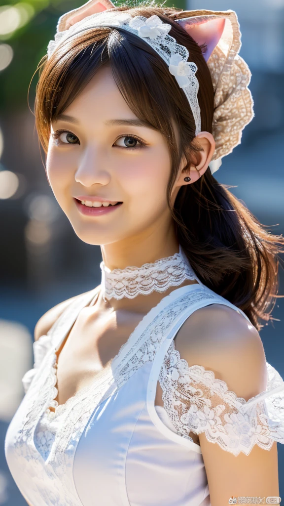 ((Ultra high resolution, highest quality, masterpiece: 1.2), (realistic, photorealistic: 1.37), highly detailed, (Sunny daytime in Akihabara electric town, professional lighting, photon mapping, radiosity, physically-based rendering, masterpiece, rich details, background blur)) A cute Japanese woman, 18 years old, (wearing a black maid outfit with a white apron, prominent black big bows, and white lace details, and a black cat ear headband: 1.4). The black parts of her outfit are particularly striking and well-defined. Her hair is styled in long, wavy twin-tails with a light brown color. She has a happy smile, showing her teeth, and has glossy skin and shiny hair. The scene is highly detailed, with professional and realistic lighting. The style is realistic and photorealistic, with extreme attention to detail, and the character has an anatomically correct body structure. The character has a nice body and very beautiful skin. She is facing to the right, looking away from the camera with a natural, candid expression. Her gaze is directed to her right, avoiding the camera completely. (Correct body structure, accurate anatomy, ultra-high quality, realistic lighting, nice body, very beautiful skin, sunny daytime in Akihabara electric town, background blur, facing right, looking away from the camera, natural candid photo, full body view: 1.2)
