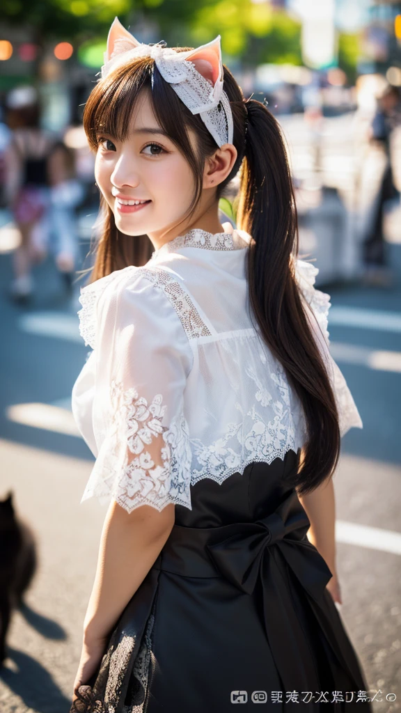 ((Ultra high resolution, highest quality, masterpiece: 1.2), (realistic, photorealistic: 1.37), highly detailed, (Sunny daytime in Akihabara electric town, professional lighting, photon mapping, radiosity, physically-based rendering, masterpiece, rich details, background blur)) A cute Japanese woman, 18 years old, (wearing a black maid outfit with a white apron, prominent black big bows, and white lace details, and a black cat ear headband: 1.4). The black parts of her outfit are particularly striking and well-defined. Her hair is styled in long, wavy twin-tails with a light brown color. She has a happy smile, showing her teeth, and has glossy skin and shiny hair. The scene is highly detailed, with professional and realistic lighting. The style is realistic and photorealistic, with extreme attention to detail, and the character has an anatomically correct body structure. The character has a nice body and very beautiful skin. She is facing to the right, looking away from the camera with a natural, candid expression. Her gaze is directed to her right, avoiding the camera completely. (Correct body structure, accurate anatomy, ultra-high quality, realistic lighting, nice body, very beautiful skin, sunny daytime in Akihabara electric town, background blur, facing right, looking away from the camera, natural candid photo, full body view: 1.2)