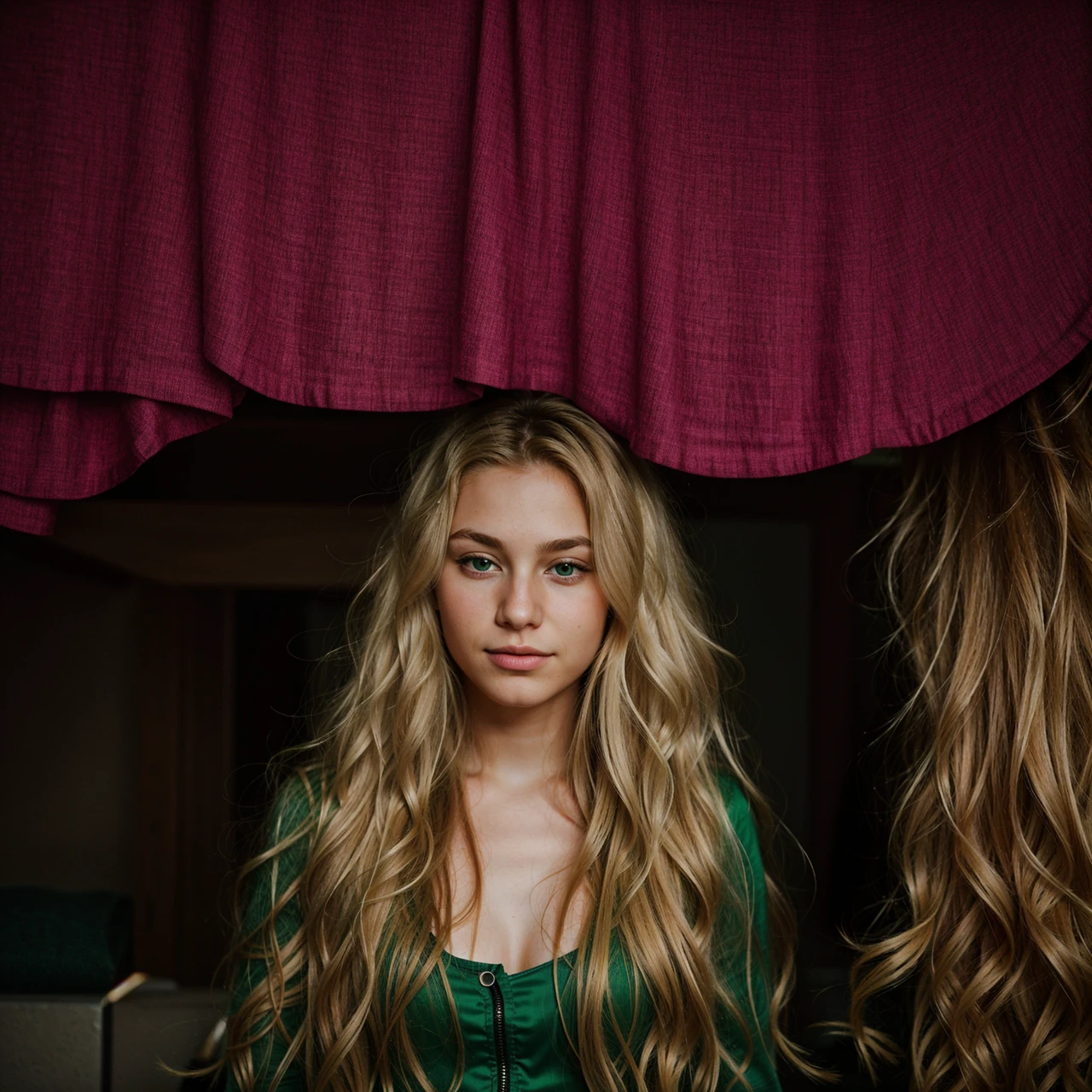with blonde locks of very long and wavy hair, with green eyes of Spanish origin, with a pretty sweet face, big breasts