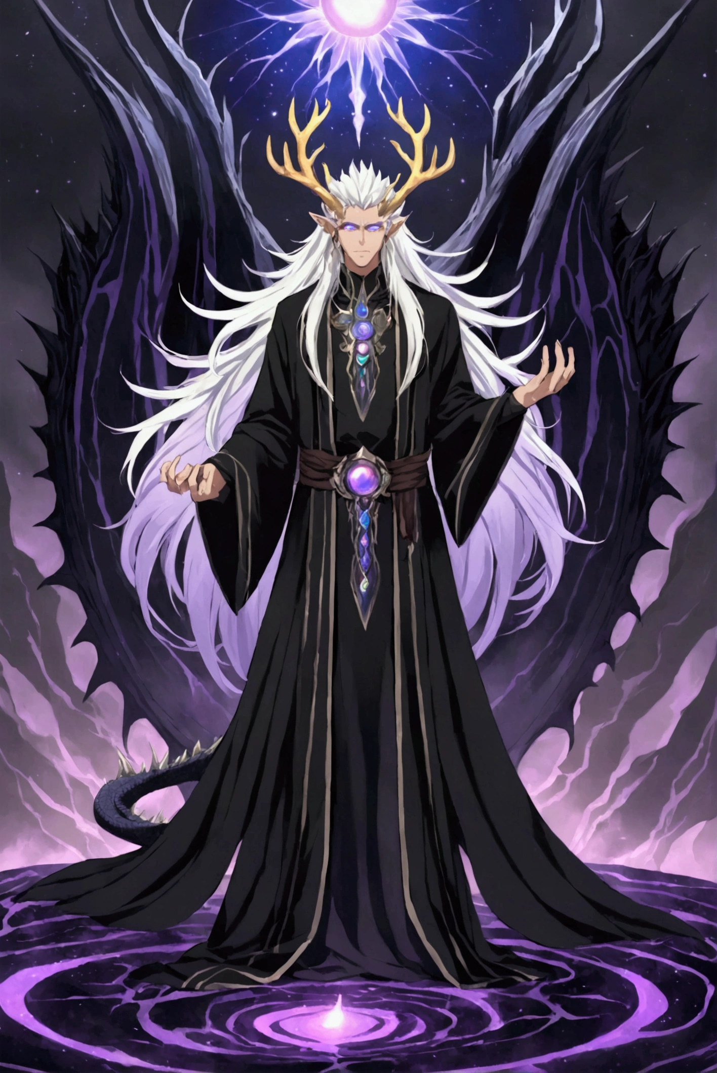 Solo, male teen, Character fusion: Nibelung fused with nidhoggr, odin and sun wukong, tall tanned man with wild unruly white hair, bangs on face, bangs, ((iridescent irises)), black sclera on eyes, long voluminous hair, spiky hair, pointy ears, fit , clawed fingers, dragon tail, open haori, turtleneck tanktop, dark crystal antlers, exhausted expression, khaenr'ah abyss, draconic person, s9vereign of the abyss, calamity incarnate,  full body