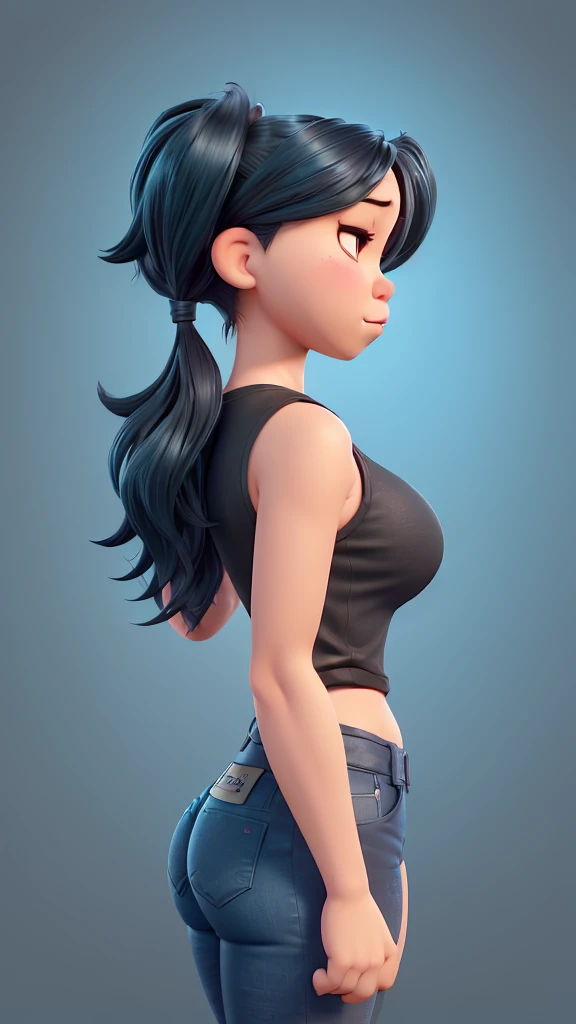 1 voluptuous woman (Sarah Hyland), short black hair, hairstyle pixie, eyes, environment change scene, Female, wearing only "jeans overalls", "without shirt", uncovered shoulders, (simple background, white background: 1.3), illustration, ((masterpiece)), (((best quality))), UHD, highres, 8k, best quality, high details, anatomically correct, body side