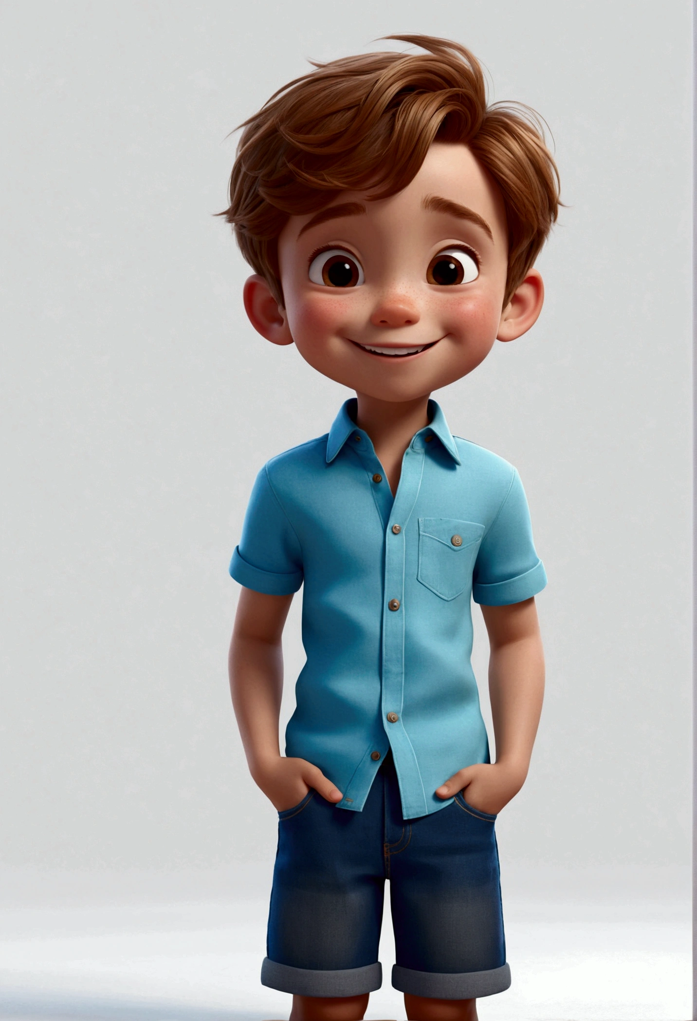 happy boy, cartoon, detailed face, multiple poses and expressions, white background, book illustration style, Disney Pixar style, 3d, simple, cute, , bright colors, short light brown hair, light skin, light blue shirt short-sleeved, denim shorts, intricate details, kneeling on the floor, sideways, profile, looking down, expression of happiness, smiling