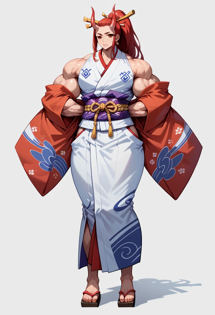 masterpiece, best quality), best resolution, yamato femboy, red oni horns, earrings, hair stick, bare shoulders, japanese clothes, kimono, rope, sleeveless kimono, shimenawa, high ponytail, gigantic muscular body, full body.