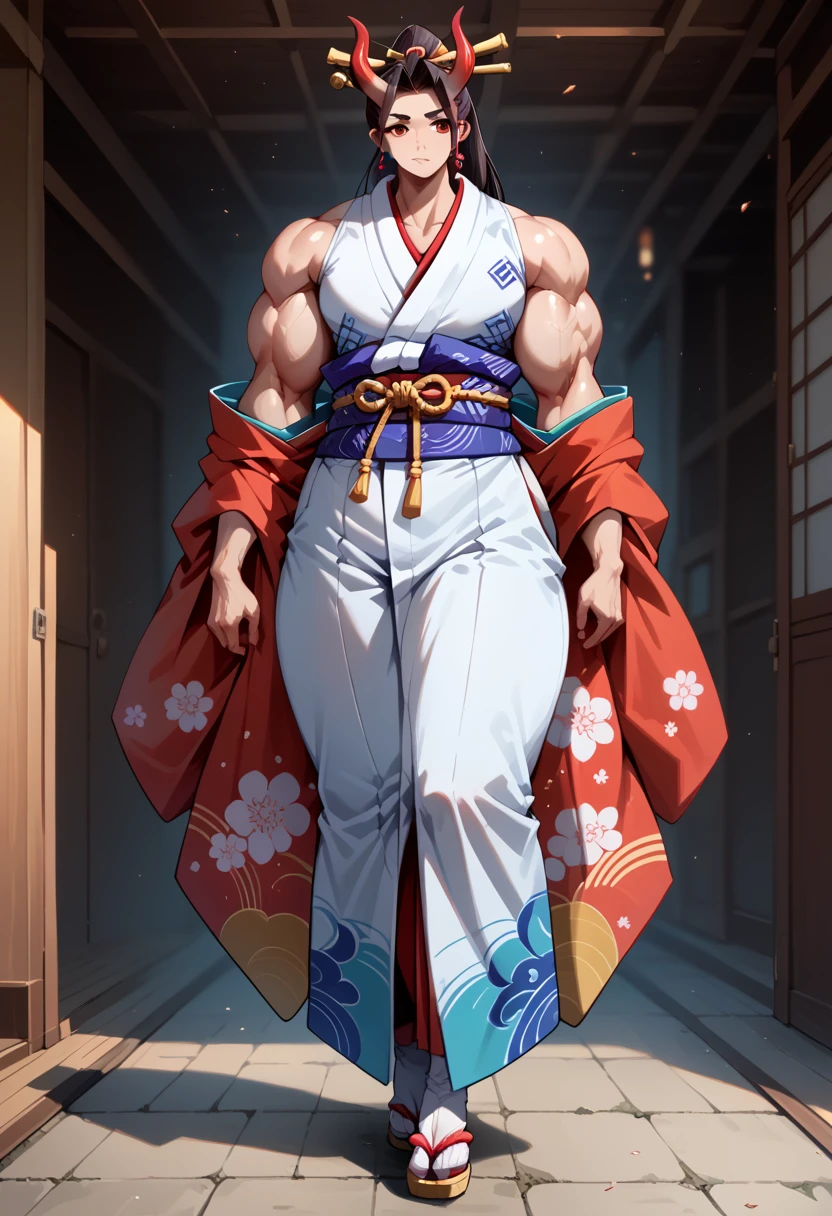 masterpiece, best quality), best resolution, yamato femboy, red oni horns, earrings, hair stick, bare shoulders, japanese clothes, kimono, rope, sleeveless kimono, shimenawa, high ponytail, gigantic muscular body, full body.