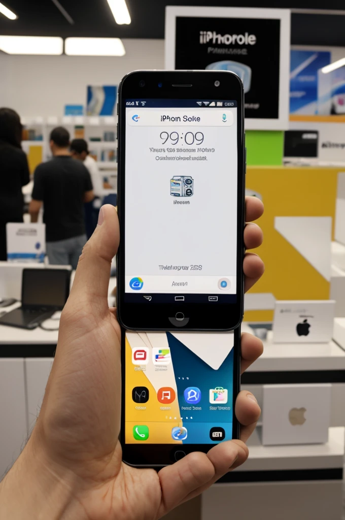 Image of an iPhone selling an Android phone that says the Alex Store Phone
