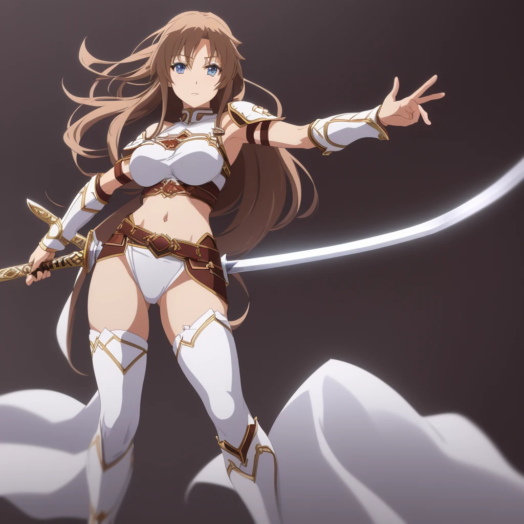 Illustration, Asuna Yuuki, Sword Art Online, anime girl, long brown hair (curly, and with a few loose strands), kind expression (with a hint of determination), white and blue armor (detailed, intricate, and with a few scratches), large breasts (34C, firm, and perky), athletic build (lean, and with a subtle six-pack), smooth skin (porcelain-like complexion, with a subtle sheen), toned arms (muscular, and with a few scars), intricate details (dainty fingers, with a few rings, and a sword on her right hand), dynamic pose (standing forward, with her right hand holding the sword, and her left hand on her hip), soft lighting (warm, and with a few highlights), background (a blurred, fantasy-inspired landscape, with a few trees), camera angle (slightly above, with a subtle tilt), 4k, high resolution, ultra high resolution, intricate detail, detailed texture, adventurous atmosphere, solo character, single figure