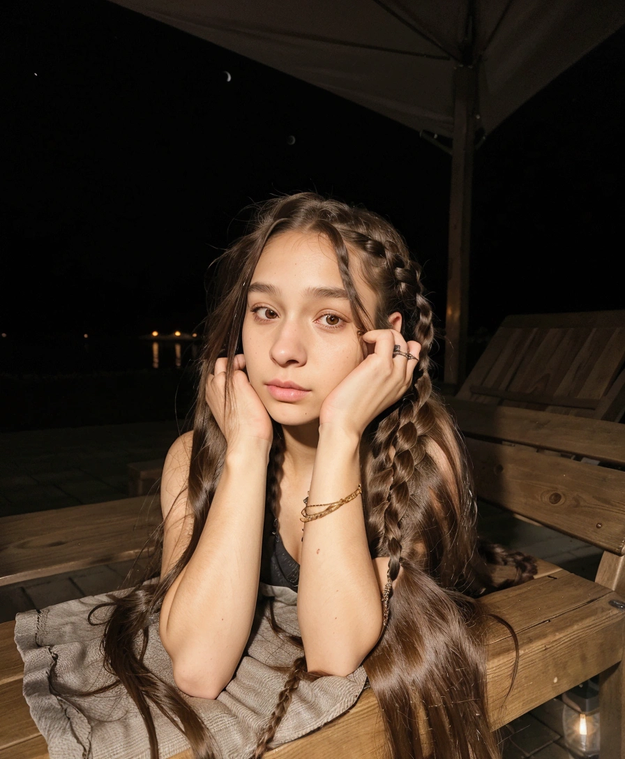 arafed woman with long hair laying on a bench at night, braided hair. evening, with long hair, woman with braided brown hair, Girl with braids, long and shiny hair, ☁🌪🌙👩🏾, she looks like a mix of grimes, leaked image, very very low quality image, pigtails hairstyle, with sunset, 18 years