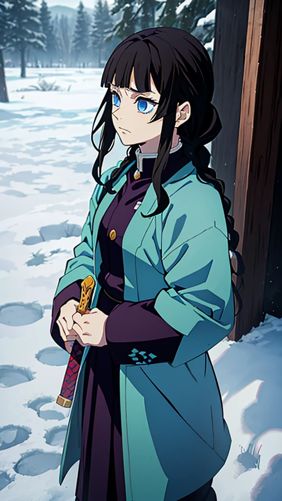 Kimetsu no Yaiba style, 1 mature, girl, blue eyes, a hashira, pretty, long dark brown hair in braids, curtain bangs, annoyed expression, noble, Pillar Demon Slayer, holding a sword, wearing demon slayer uniform, holding a blue demon slayer sword, dark and snowy background