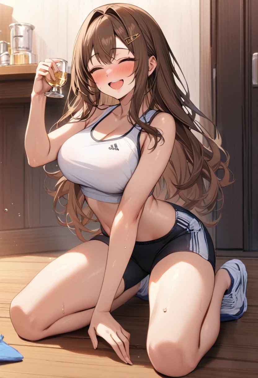 masterpiece, best quality, 1girl, solo, adult, brown hair, hair intakes, long hair, hairpin, closed eyes, white crop top, sport shorts, large breasts, kneeling, drunk, smile