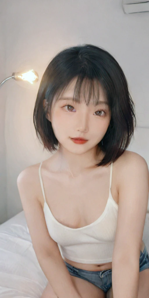 a beautiful asian woman taking a selfie on a mobile phone in a bedroom,super realistic,white skin tone,152cm,42KG,70D cup,loose medium length hair,tight white low-cut top,black shorts:1.2,best quality,4k,8k,highres,masterpiece:1.2,ultra-detailed,realistic,photorealistic,photo-realistic:1.37,HDR,UHD,studio lighting,ultra-fine painting,sharp focus,physically-based rendering,extreme detail description,professional,vivid colors,bokeh,portrait