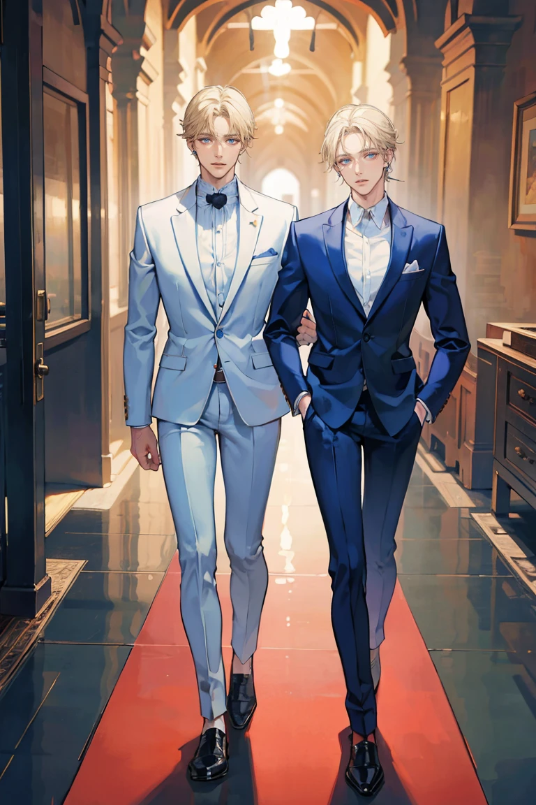 (masterpiece), best quality, seductive eyes, perfect face, handsome man, blue eyes, middle part blonde hair, long nose, tan brown skin, business suit, extremely tall man, long legs, long calves, full body, tall man, long legs, anime cover, 1boy, ear piercings, facial piercings, hands in pockets, adult-like look, pretty but mature man
