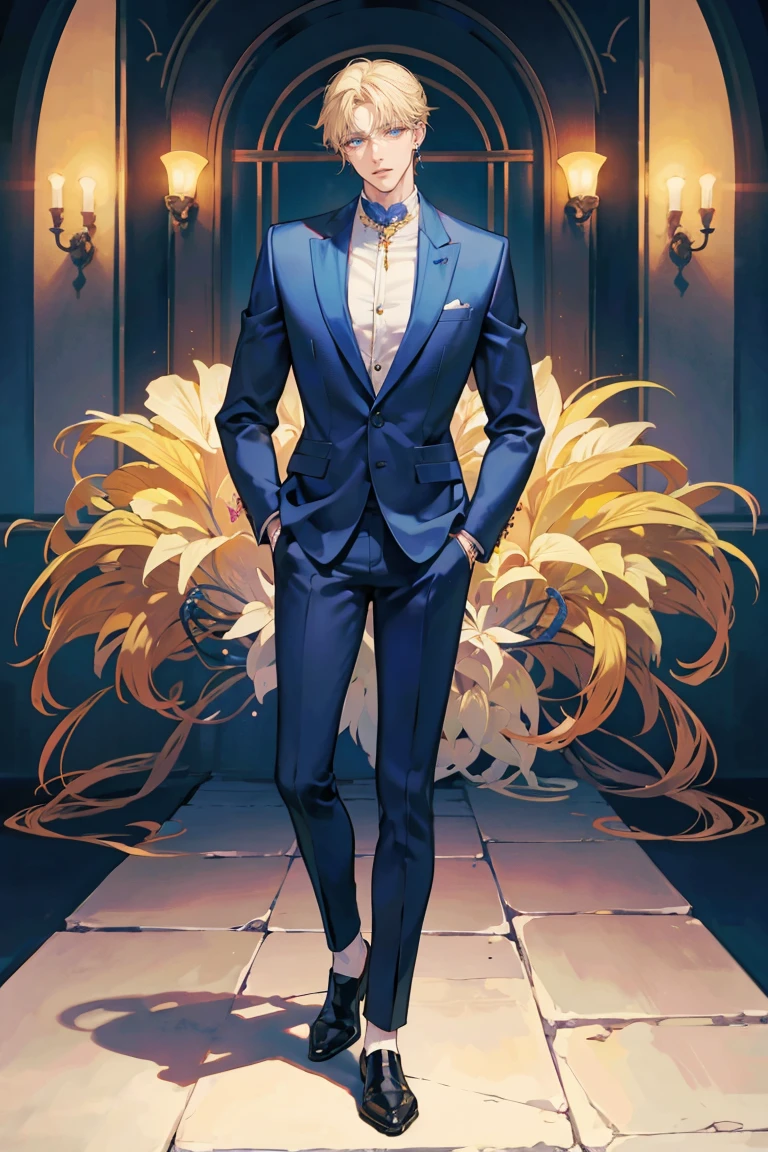 (masterpiece), best quality, seductive eyes, perfect face, handsome man, blue eyes, middle part blonde hair, long nose, tan brown skin, business suit, extremely tall man, long legs, long calves, full body, tall man, long legs, anime cover, 1boy, ear piercings, facial piercings, hands in pockets, adult-like look, pretty but mature man
