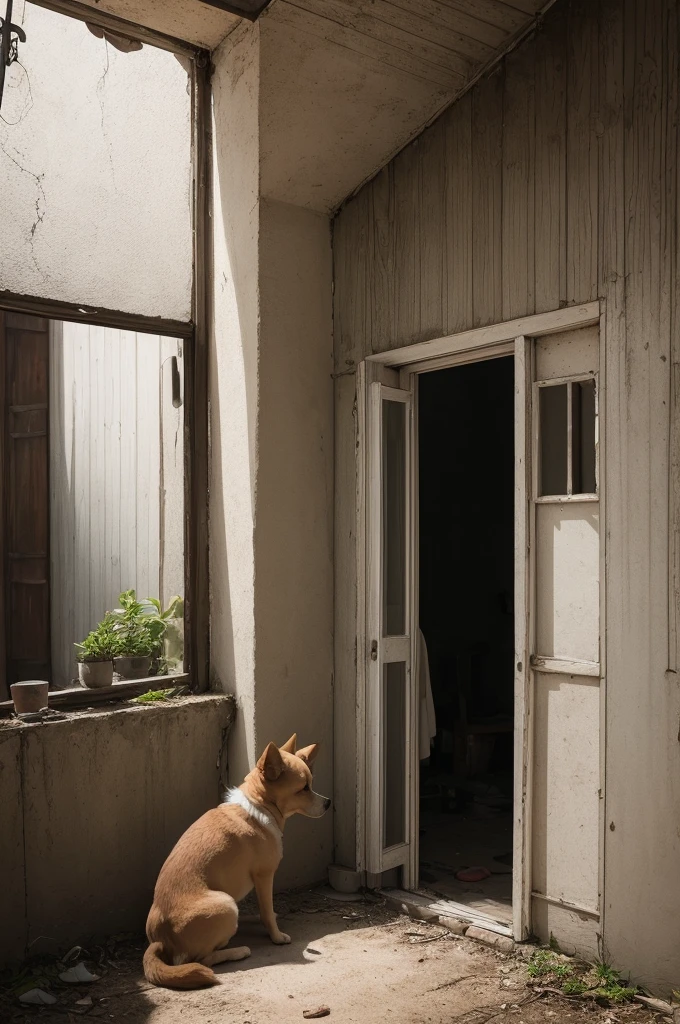 A light-colored little dog is sitting in front of an old, shadowy house. The house is partially enveloped in shadows, with dusty windows and a desolate appearance. In the door or one of the windows, there is the threatening silhouette of a woman who seems to be watching the little dog outside. The dog's expression is one of fear and uncertainty, contrasting with the oppressive aura of the house in the background. The image conveys a sense of tension and impending escape.