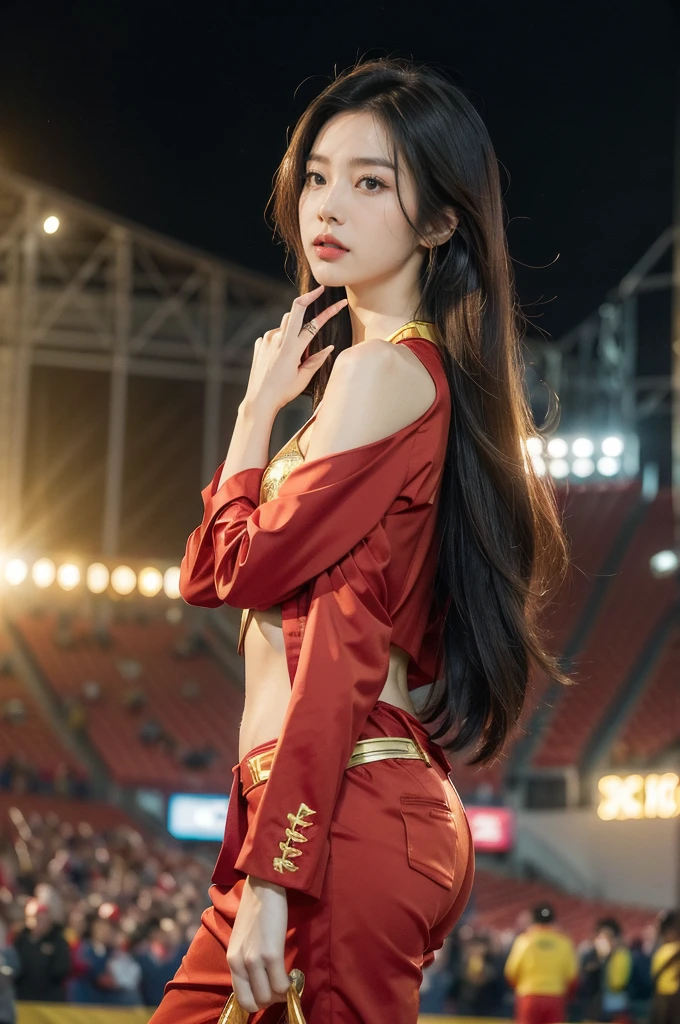 (((best quality))), (((ultra detailed))), (((masterpiece))), illustration, ((1 beautiful Chinese girl,solo)),(shoulder length straight hair:1.2),((slim,thin)),((small breasts,flat chest)),((red suit blazer, yellow pants)), excitement, pride,confident, anticipate, vibrant colors, Opening Ceremony, Olympics, enthusiastic fans, French stadium, fireworks, national colors, activity, vendors, snacks, souvenirs, roar of the crowd, historic event, electric atmosphere, beauty, joy, proud representation, pageantry, spectacle, Games, celebration, sport, boundaries, differences, snapshot, spirit