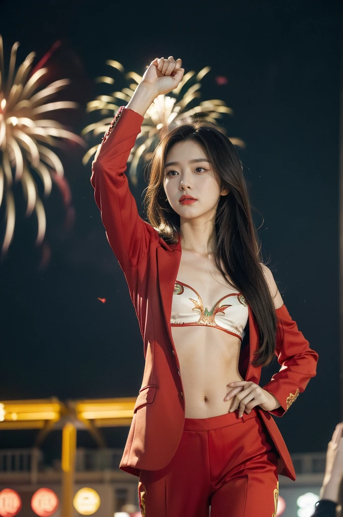 (((best quality))), (((ultra detailed))), (((masterpiece))), illustration, ((1 beautiful Chinese girl,solo)),(shoulder length straight hair:1.2),((slim,thin)),((small breasts,flat chest)),((red suit blazer, yellow pants)), excitement, pride,confident, anticipate, vibrant colors, Opening Ceremony, Olympics, enthusiastic fans, French stadium, fireworks, national colors, activity, vendors, snacks, souvenirs, roar of the crowd, historic event, electric atmosphere, beauty, joy, proud representation, pageantry, spectacle, Games, celebration, sport, boundaries, differences, snapshot, spirit