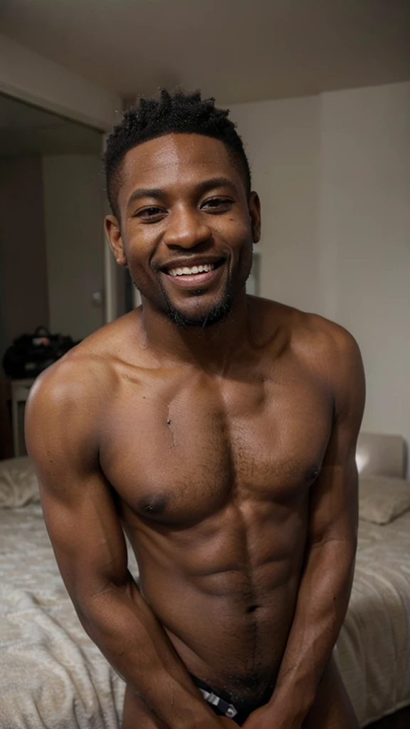 ((long distance shot:1.5)), a black man, small beard, wrinkled, weathered, with piercing eyes, laughing, detailed face, high details, posing on the bed, apartment on the background, naked