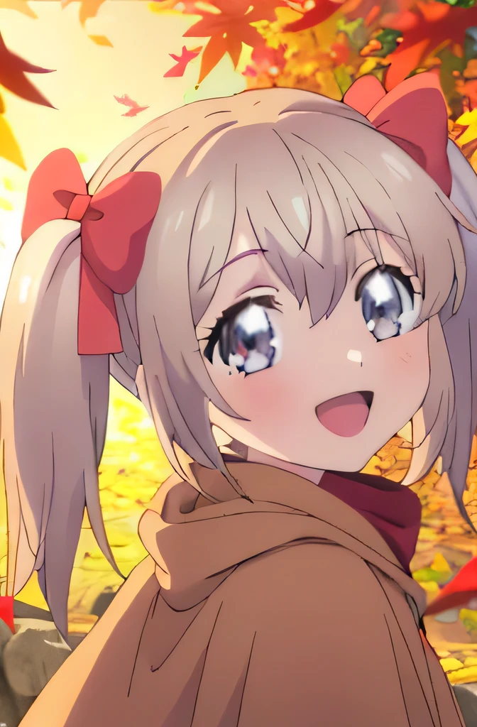 (masterpiece, Highest Resolution, Highest quality), scenery, autumn, autumn leaves, Particles of light, Upper Body, One girl, Floating Hair, smile, Make your eyes bigger, Open your mouth, View Viewer, Face Focus, Brown robes, Red ribbon on head, Twin tails