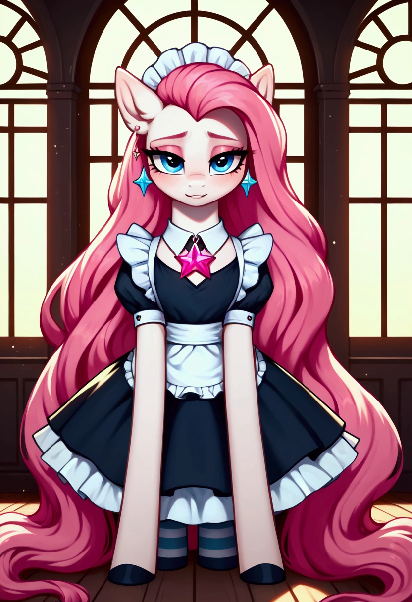 score_9,score_8_up,score_7_up,score_6_up, ((my little pony)), radiant lighting, vibrant colors, whimsical atmosphere, 8K, high resolution, highly detailed, masterpiece, (shy look), ((pony body)), ((brightness white body)), blue eyes, (maid costume), striped stockings, star pendant, earrings, eyeshadow, (very long pink hair:1.3), ((seductive pose)), (devoted gaze)