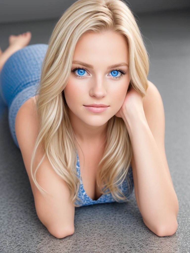 A macro, detailed image of a blonde young woman lying on a soft gray, patterned, polished floor. The woman has her head and hands on the floor and she's staring straight ahead with bright blue eyes with an out of focus background. The portrait is realistic with studio lighting.