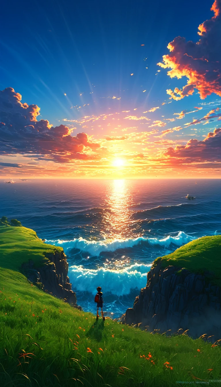 Masterpiece, high quality, 8K Ultra HD. The image shows a  with a flashlight shining into the sky watching the anime The Scary Ocean at Dusk from a grassy hill, with a background of vibrant blue sky and the red and orange tones of the sun. 4k anime art wallpaper, Shen Che-Tsai digital art, pexels, fantastic realism, among sunlit heavenly clouds, heavenly clouds, amazing sky, 4K anime art wallpaper, anime background, wallpaper 8K anime art wallpaper, anime art wallpaper, anime landscape wallpaper, amazing wallpaper, high quality wallpaper definition, 4k anime wallpaper, 4k anime wallpaper, Aries Moross art, Bob Byerley art, AshleyWoodArtAI, greg rutkowski