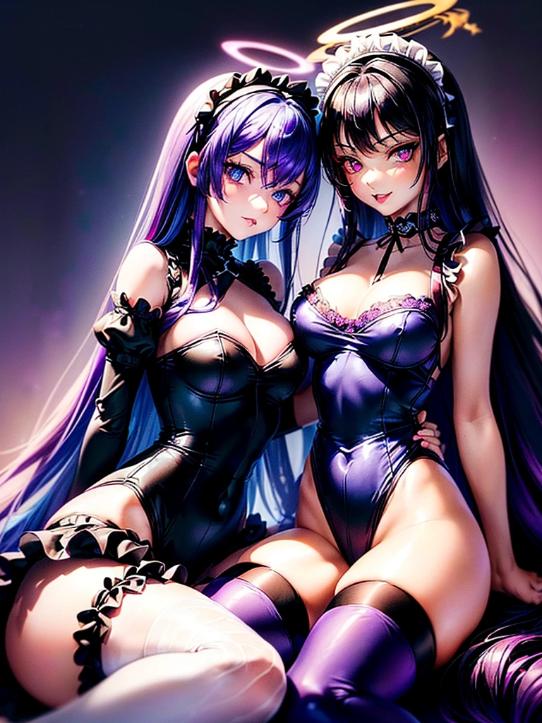 Highest quality,Highest Resolution,(((A beautiful girl with blue eyes and black hair in a maid leotard)))and(((A beautiful girl with red eyes and purple hair in a gothic ta leotard)))are having sex in the sitting position,kiss,saliva,(((Halo))),smile,Frills,Knee-high stockings,