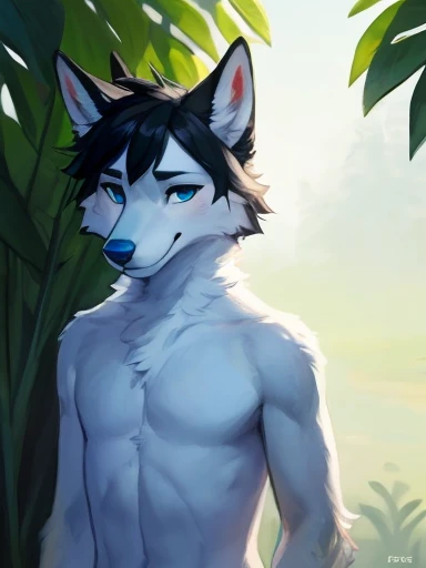Art from the chest up, looking to the right side of the screen with his entire body facing towards the right side of the screen, completely green and blank background with nothing but green , Atlas a white Anthropomorphic male wolf with black hair and blue eyes and a blue nose )) , outside, )) , day, , sensual, detailed, uploaded to e621, beautiful and detailed portrait of an anthropomorphic , (((male))) uploaded to e621, zaush, foxovh, movie lighting, thicc, alone, detailed, 8k res, hires, detailed eyes, good anatomy, good perspective, towards viewer, by bebebebebe, by sicklyhypnos, by gerkk, by orf, nice hands, perfect hands, happy, romantic, ray tracing lighting, rtx on, By Bebebebebe, by SpiritD, by KOBITOWANI, b est quality, masterpiece, perfect anatomy, detai led picture)), 1femboy, , sexy body, fluffy tail, shy, horny, romantic,zoomed out , wearing not a single bit of clothing,