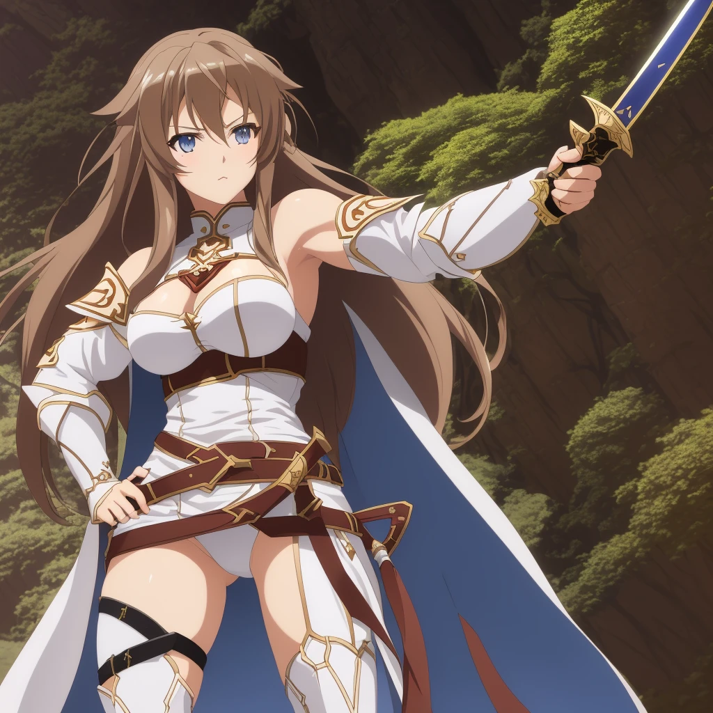 Illustration, Asuna Yuuki, Sword Art Online, anime girl, long brown hair (curly, and with a few loose strands), kind expression (with a hint of determination), white and blue armor (detailed, intricate, and with a few scratches), large breasts (34C, firm, and perky), athletic build (lean, and with a subtle six-pack), smooth skin (porcelain-like complexion, with a subtle sheen), toned arms (muscular, and with a few scars), intricate details (dainty fingers, with a few rings, and a sword on her right hand), dynamic pose (standing forward, with her right hand holding the sword, and her left hand on her hip), soft lighting (warm, and with a few highlights), background (a blurred, fantasy-inspired landscape, with a few trees), camera angle (slightly above, with a subtle tilt), 4k, high resolution, ultra high resolution, intricate detail, detailed texture, adventurous atmosphere, solo character, single figure