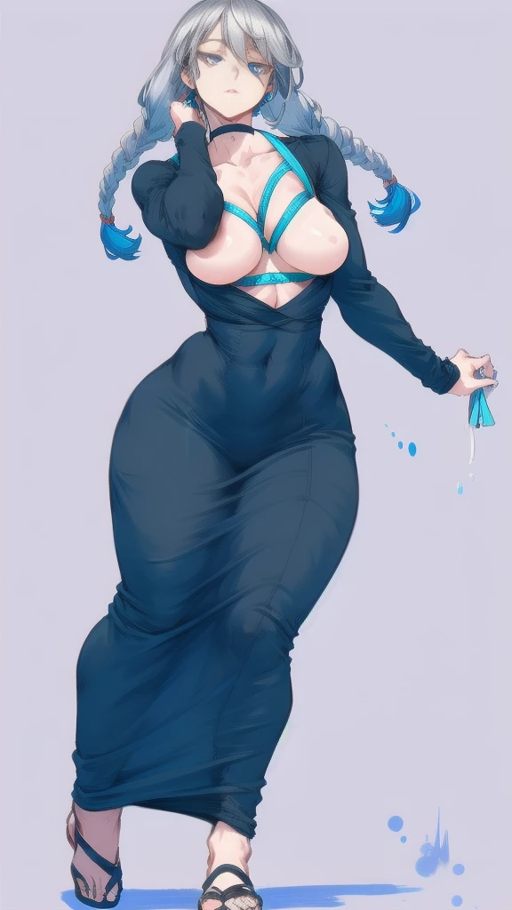 Full body image of Mei Mei from Jujutsu Kaisen, full body in image, wearing her original outfit (black dress with blue accents, and hair in braids), long silver hair, female body, tall and slender body, dynamic pose, detailed pose, simple background, expressive face showing calmness, focus on face, line art, sketch