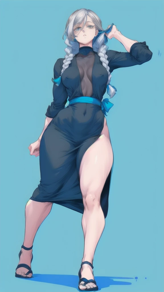 Full body image of Mei Mei from Jujutsu Kaisen, full body in image, wearing her original outfit (black dress with blue accents, and hair in braids), long silver hair, female body, tall and slender body, dynamic pose, detailed pose, simple background, expressive face showing calmness, focus on face, line art, sketch