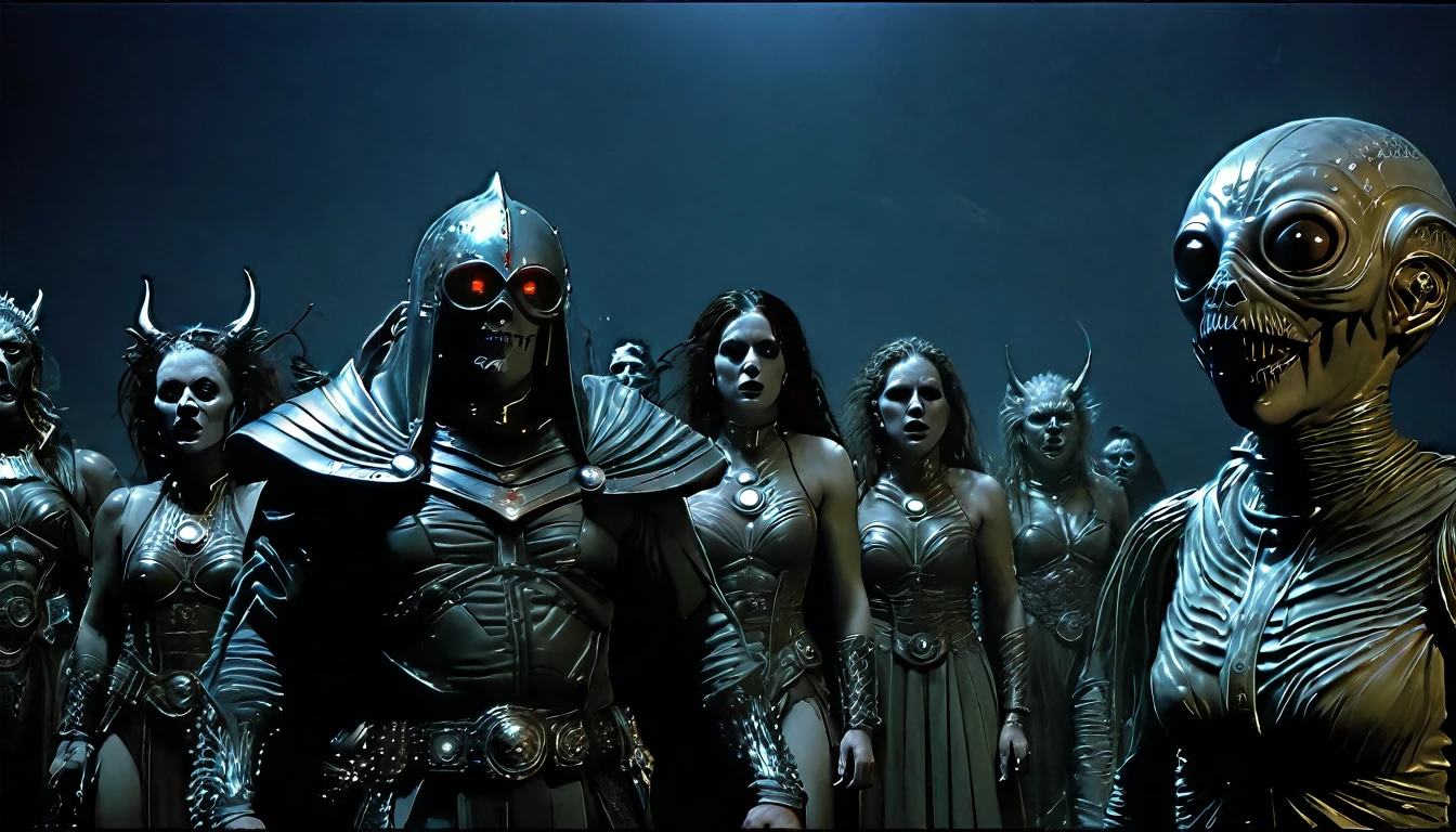 in (medium full shot:3.1) of lot of characters from a movie for slave girls from beyond infinity, inspired by Clyde Caldwell, futuristic apocalypse, stalenhag, metal album cover, gwar, heavy metal band promo, wayne barlowe pierre pellegrini, (with Creepy, Sci-Fi, Fantasy and Horror:2.9) retro sci fi, Horror movie, very detailed body, moody, epic, shot on Kodak Vision3, (intricate details:2.4), (hyperdetailed:3.1), (8k resolution:3.1), (high detailed:4.1), lot of detailed, high quality, soft (cinematic:3.3) light, dramatic atmosphere, atmospheric pespective, (impactful art:2.8), rich colors