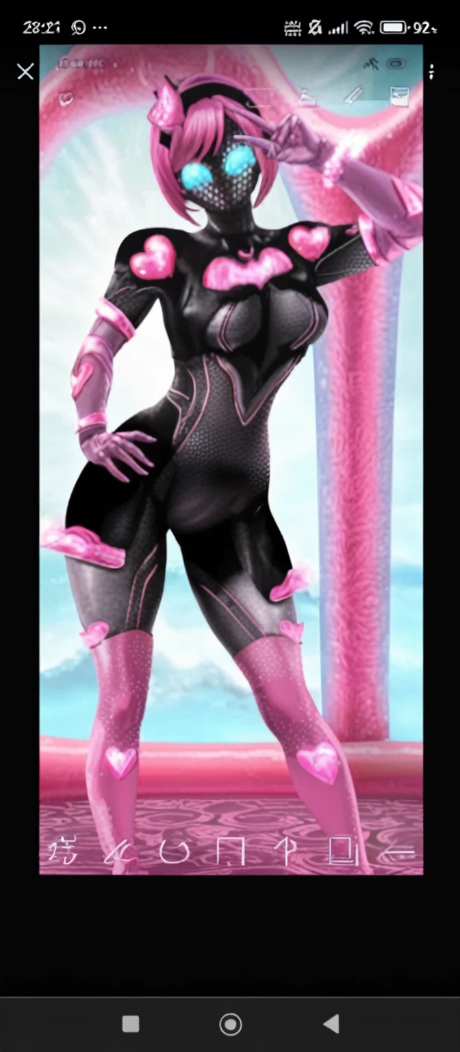 a close up of a person in a black and pink outfit, slick pink armor, fuchsia skin beneath the armor, streamlined pink armor, fuchsia skin below the armor, thick smooth warframe thighs, tokusatsu suit vaporwave, pink body, bubblegum body, matte pink armor, in spandex suit, thicc, pregnant female cyborg, fuchsia skin, hentai