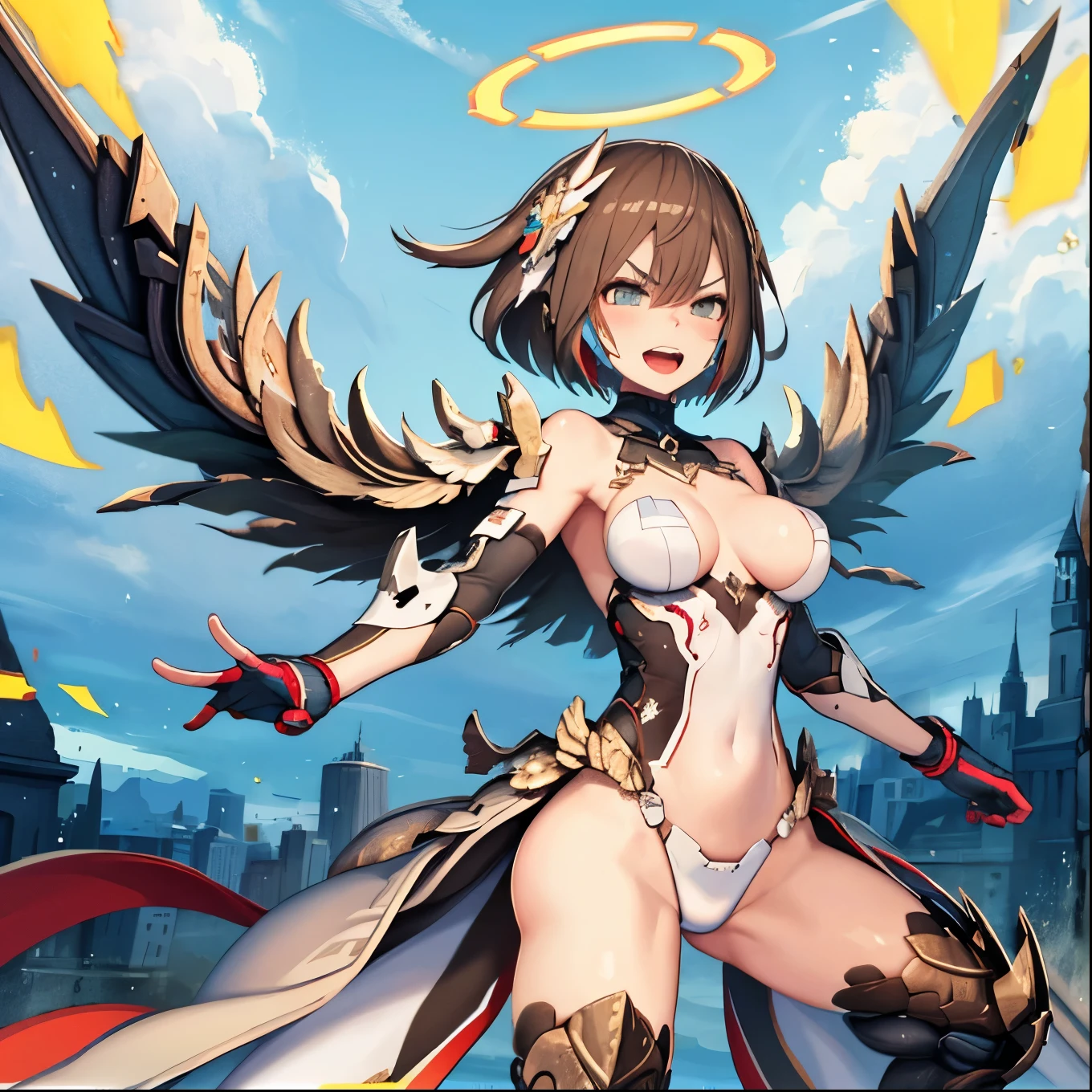 fantasy, 1angel_girl,(young_:1.5), ,brown_hair, medium_bob_hair, long_bangs, halo,bare_shoulder,thighhighs,silver_armor, waist_armor, large_breasts,angry,grinning,open_mouth_teeth, 1pair_wings, dynamic_pose_fighting,floating, bare_crotch, headgear,gauntlet, greaves,city_background,slightly_spread_legs, solo, groin_naked,