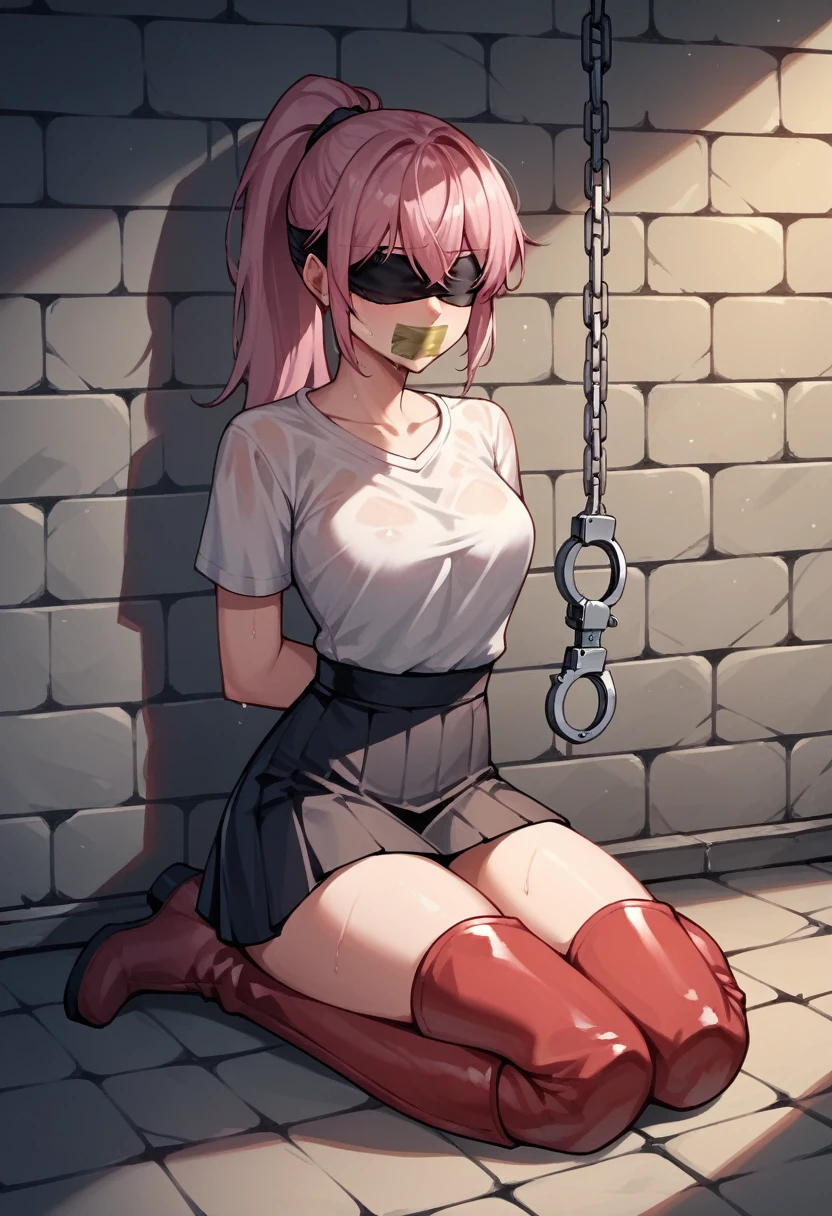 check_9, check_8_up, check_7_up, check_6_up, check_5_up, check_4_up, source_Anime, 1 woman, BDSM, value, pink hair, ponytail, blindfold, tape your mouth shut, WW chain, leather handcuffs, raise your hands, dirty hair, Sweaty Shirt, skirt, red thigh-high boots, night, answer, dungeon, Best quality, лучшее разanswer, 4k uhd,