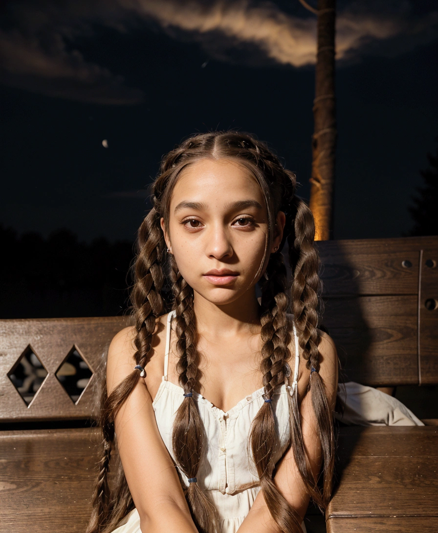 arafed woman with long hair laying on a bench at night, braided hair. evening, with long hair, woman with braided brown hair, Girl with braids, long and shiny hair, ☁🌪🌙👩🏾, she looks like a mix of grimes, leaked image, very very low quality image, pigtails hairstyle, with sunset, 18 years