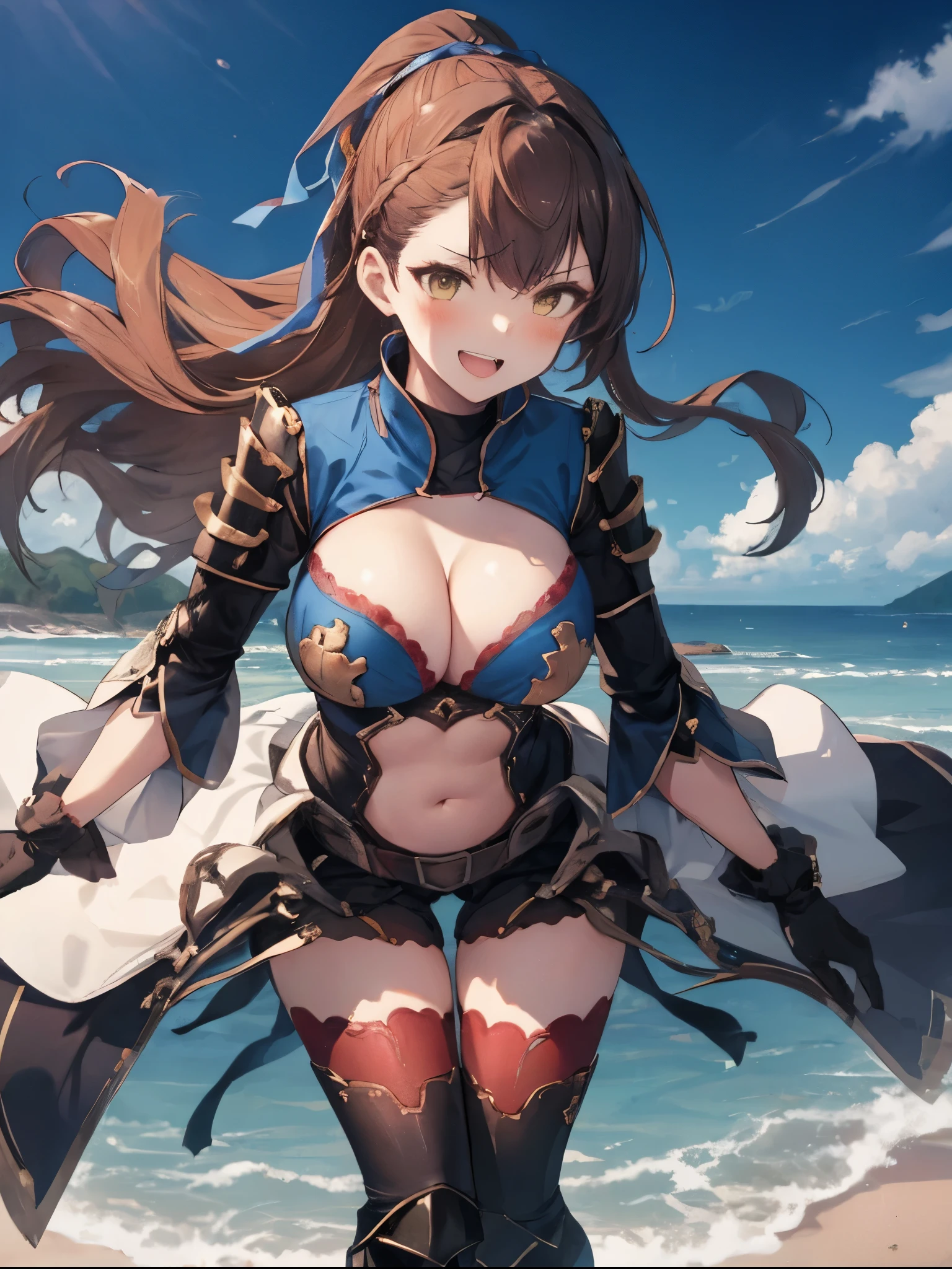 masterpiece, best quality, 1teen_girl,def,beatrix, ponytail, hair ribbon, gauntlets, blue shirt, gloves, cleavage cutout, looking at viewer, big_smile, large breasts, sky ,,happy,covered_nipples,young_teen,full_of_beans,,laugh,blush,open_mouth,thigh-highs, glower,open_legs,rise_knee,(angry:0.8),shout