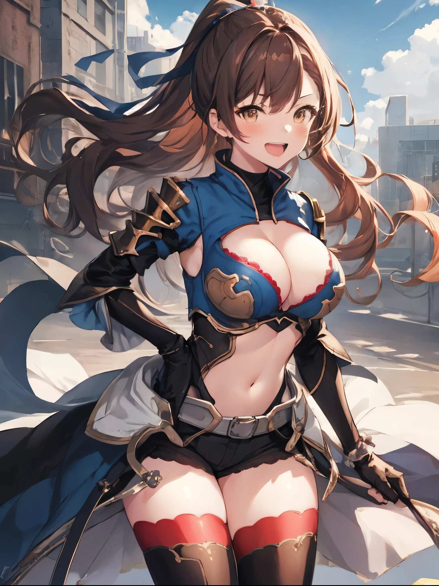 masterpiece, best quality, 1teen_girl,def,beatrix, ponytail, hair ribbon, gauntlets, blue shirt, gloves, cleavage cutout, looking at viewer, big_smile, large breasts, sky ,,happy,covered_nipples,young_,full_of_beans,,laugh,blush,open_mouth,thigh-highs, glower,open_legs,rise_knee,(angry:0.8),shout