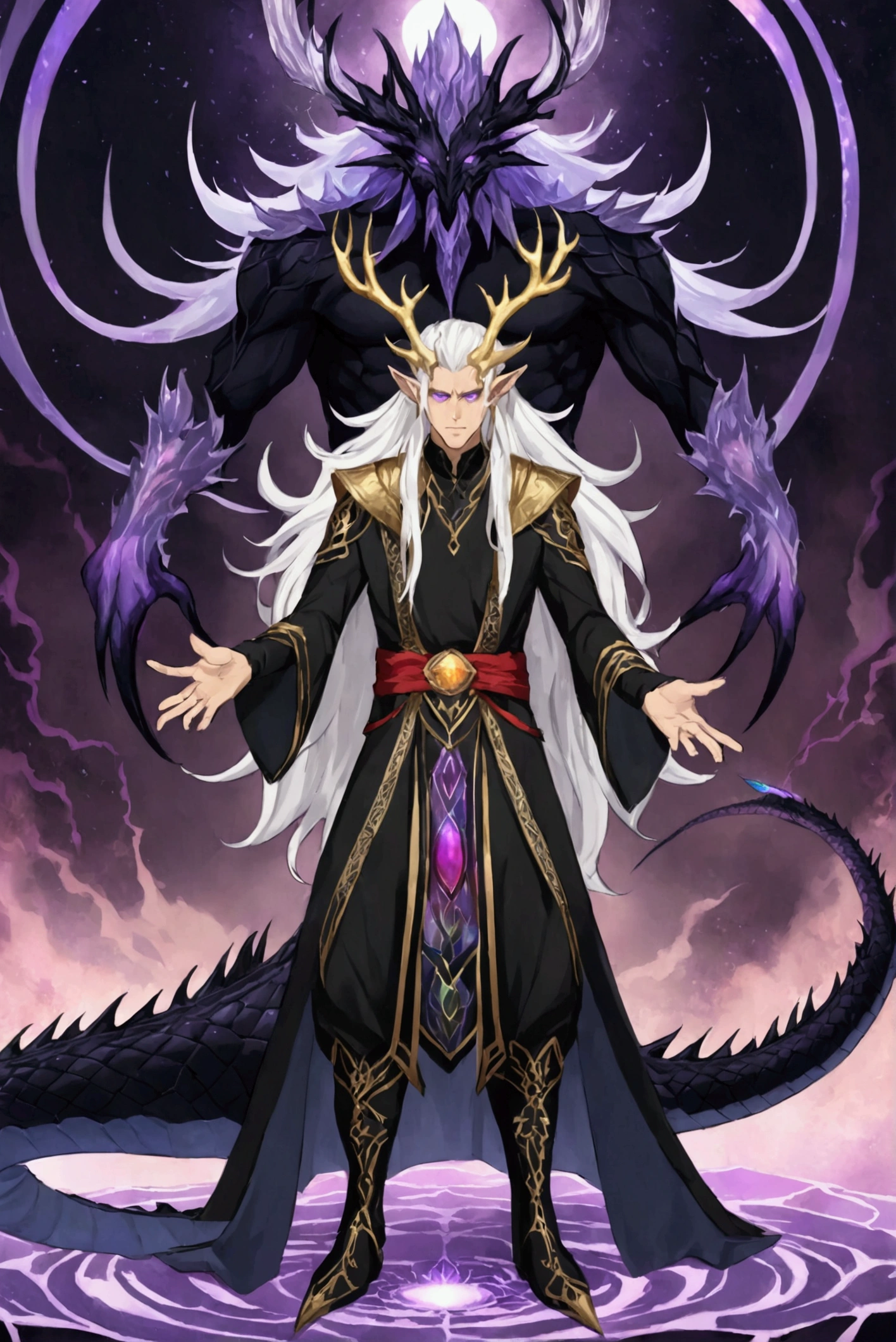 Solo, male , Character fusion: Nibelung fused with nidhoggr, odin and sun wukong, tall tanned man with wild unruly white hair, bangs on face, bangs, ((iridescent irises)), black sclera on eyes, long voluminous hair, spiky hair, pointy ears, fit , clawed fingers, dragon tail, open haori, turtleneck tanktop, dark crystal antlers, exhausted expression, khaenr'ah abyss, draconic person, s9vereign of the abyss, calamity incarnate, full body